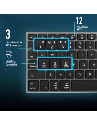 NGS FORTUNE-BT, QWERTY, PT teclado Universal Bluetooth Portugués Negro, Plata