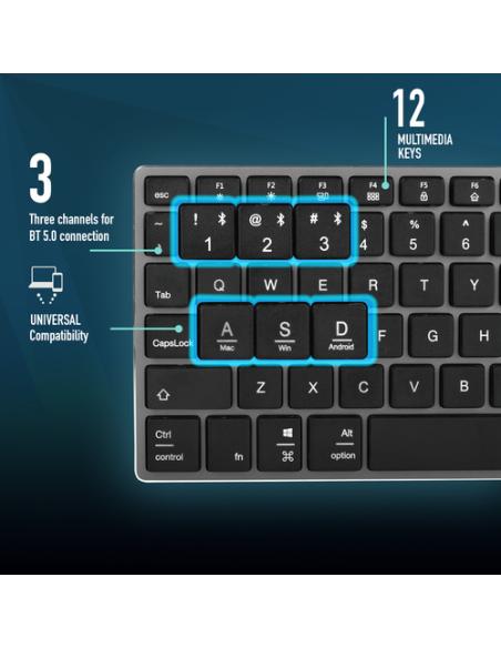 NGS FORTUNE-BT, QWERTY, PT teclado Universal Bluetooth Portugués Negro, Plata