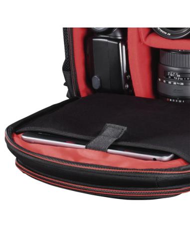 Hama | Mochila para equipo fotográfico, Funda tipo mochila para cámara réflex, compartimientos extraíbles, color negro y rojo