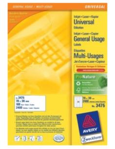 Avery 3475 3475, Blanco, Papel, Laser, 70 x 36, 2400 pieza(s), 100 hojas 2