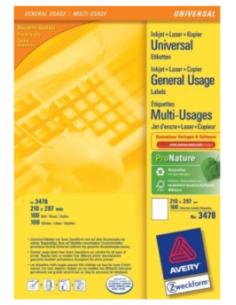 Avery 3478 Multi-Function Labels, Blanco, Papel, Laser, 210 x 297, 100 pieza(s), 100 hojas 2