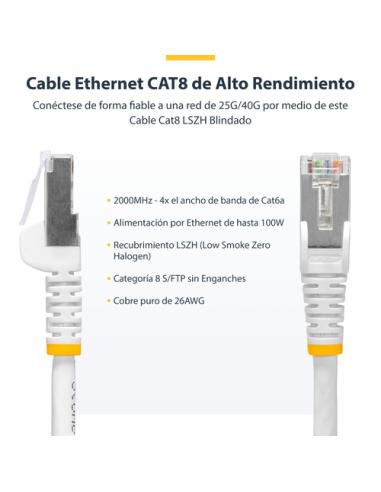 StarTech.com Cable de Red Ethernet CAT8 Blanco de 1m - Snagless - sin Pestillo - 25G/40G - 2000MHz - PoE++ 100W - 26AWG - S/FTP 