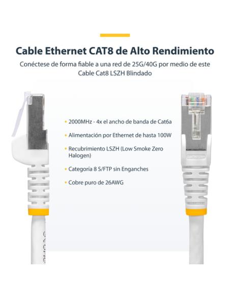 StarTech.com Cable de Red Ethernet CAT8 Blanco de 1m - Snagless - sin Pestillo - 25G/40G - 2000MHz - PoE++ 100W - 26AWG - S/FTP 