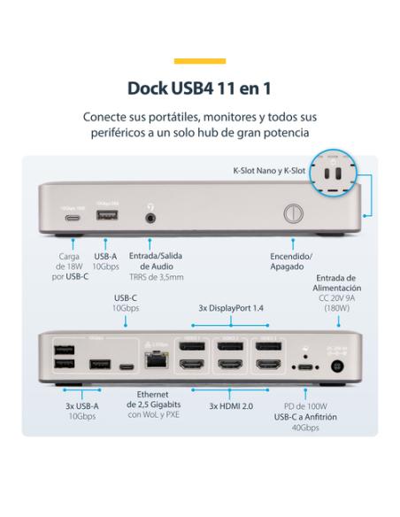 StarTech.com Docking Station USB4 para 3 Monitores 4K60 HDMI o DisplayPort - Dock USB Tipo C - Hub USB de 6 Puertos - Red Ethern