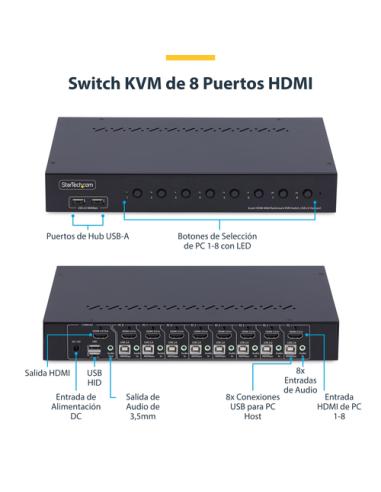 StarTech.com Switch KVM de 8 Puertos HDMI 4K 60Hz - Conmutador KVM HDMI 2.0 con Kit de Montaje 1U para Rack - con Hub USB de 4 P