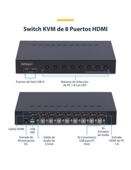 StarTech.com Switch KVM de 8 Puertos HDMI 4K 60Hz - Conmutador KVM HDMI 2.0 con Kit de Montaje 1U para Rack - con Hub USB de 4 P