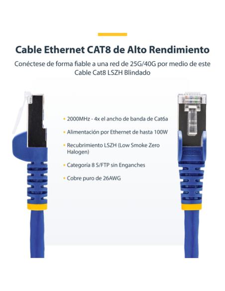 StarTech.com Cable de Red Ethernet CAT8 Azul 50cm - Snagless - sin Pestillo - 25G/40G - 2000MHz - PoE++ de 100W - 26AWG - S/FTP 