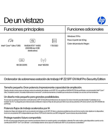 HP Z2 SFF G1i Workstation Desktop PC Wolf Pro Security Edition Intel Core Ultra 7 265 48 GB DDR5-SDRAM 1 TB SSD NVIDIA RTX A400 