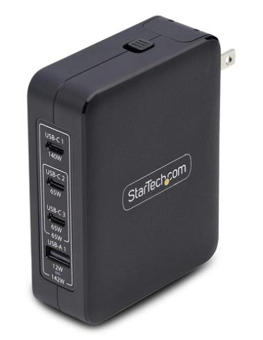 StarTech.com Cargador USB-C/USB-A de Pared GaN PD de 140W - 3x USB-C/1x USB-A - Cargador Internacional para Portátil MacBook/Del