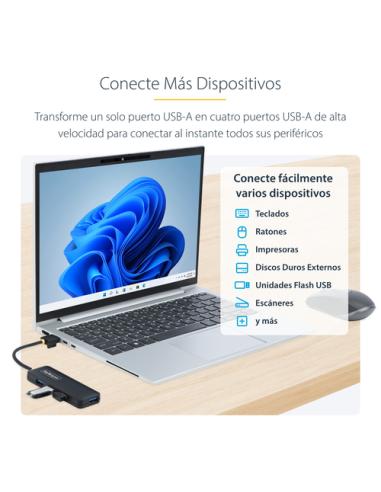 StarTech.com Hub USB-A de 4 Puertos - Ladrón USB de 4 Puertos - Alimentado por el Bus - USB 3.0 de 5Gbps - Hub Portátil para Via