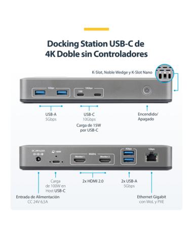 StarTech.com Docking Station USB-C de 2 Monitores HDMI - 4K 60Hz - Red Ethernet de 1Gbps - Dock Multipantalla - PD de 100W para 
