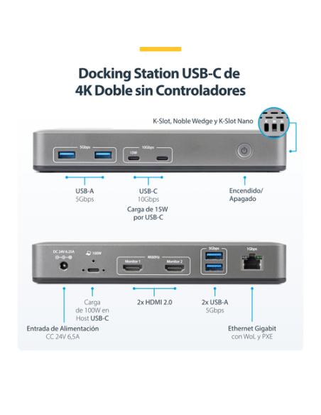 StarTech.com Docking Station USB-C de 2 Monitores HDMI - 4K 60Hz - Red Ethernet de 1Gbps - Dock Multipantalla - PD de 100W para 