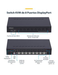 StarTech.com Switch KVM de 8 Puertos DisplayPort 4K 60Hz - Conmutador KVM DP 1.2 4K60 con Kit de Montaje 1U para Rack - con Hub 
