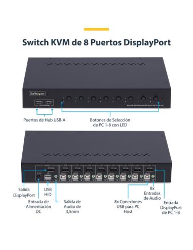 StarTech.com Switch KVM de 8 Puertos DisplayPort 4K 60Hz - Conmutador KVM DP 1.2 4K60 con Kit de Montaje 1U para Rack - con Hub 