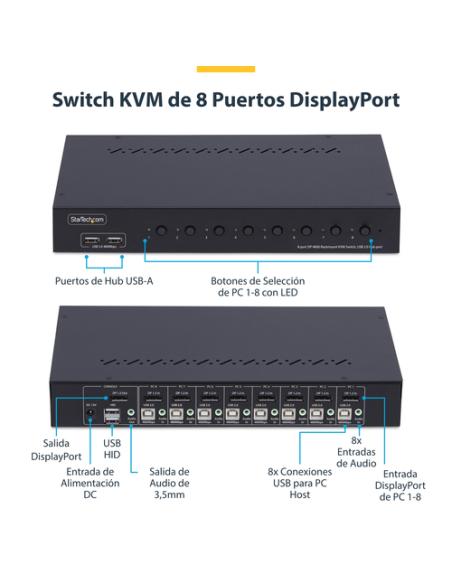 StarTech.com Switch KVM de 8 Puertos DisplayPort 4K 60Hz - Conmutador KVM DP 1.2 4K60 con Kit de Montaje 1U para Rack - con Hub 