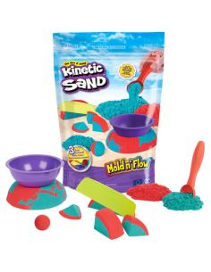 Kinetic Sand Mold n’ Flow de , 680 g de arena para jugar de color rojo y azul verdoso, 3 herramientas, juegos sensoriales para n