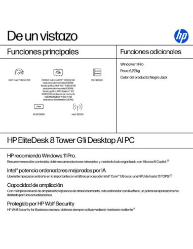 HP EliteDesk 8 Tower G1i AI PC Intel Core Ultra 7 265 16 GB DDR5-SDRAM 512 GB SSD Windows 11 Pro Torre Negro