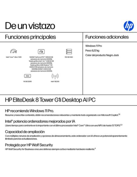 HP EliteDesk 8 Tower G1i AI PC Intel Core Ultra 7 265 16 GB DDR5-SDRAM 512 GB SSD Windows 11 Pro Torre Negro