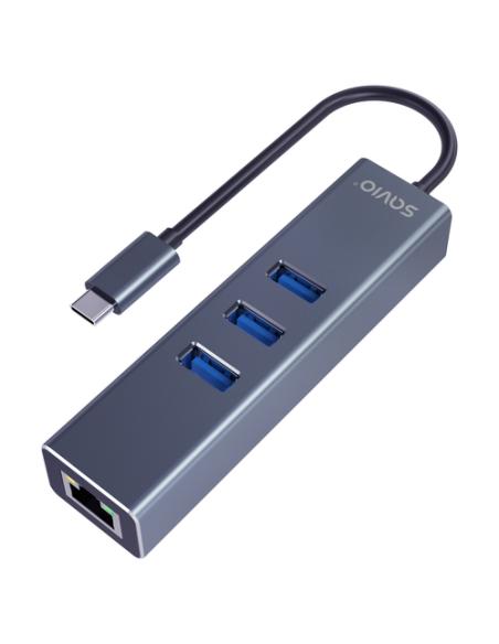 Savio AK-57 USB-C - 3 x USB-A HUB with RJ-45 Gigabit Ethernet adapter 5000 Mbit/s grey 2 x USB 3.2 Gen 2 (3.1 Gen 2) Type-C 1000