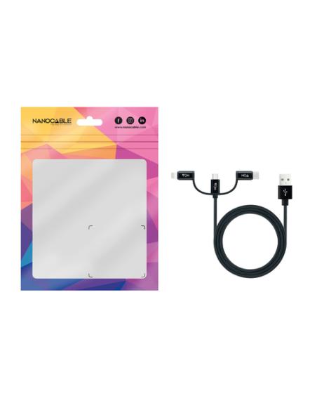 Nanocable Cable USB 3 en 1 Carga/Datos USB-A a USB-C/Micro USB/Lightning 1 m, Negro