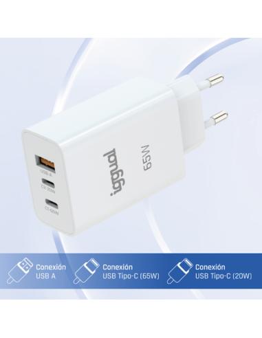 iggual Cargador triple USB-A + 2 x tipo C GaN 65W