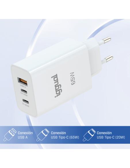 iggual Cargador triple USB-A + 2 x tipo C GaN 65W