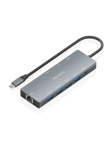 AISENS USB-C Dock 9 en 1, USB-C A 1xHDMI, 1xDisplayPort, 1xRJ45, 4xUSB-A 5G, 1xUSB-C 5G, 1xUSB-C PD100W, Gris, 20cm