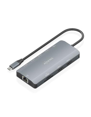AISENS USB-C Dock 12 en 1, USB-C A 2xHDMI, 1xRJ45, 3xUSB-A, 1xUSB-C, 1xUSB-C PD, 1xSD, 1xMicro SD, Gris, 20cm