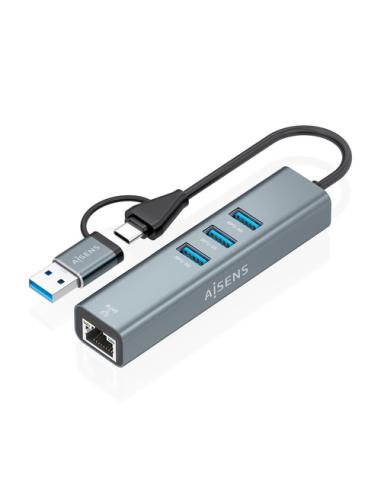 AISENS Conversor USB3.2 Gen1 USB-A+USB-C A Ethernet Gigabit 10/100/1000 Mbps + Hub 3xUSB3.0, Gris, 15cm