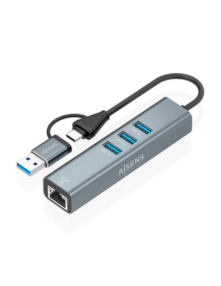 AISENS Conversor USB3.2 Gen1 USB-A+USB-C A Ethernet Gigabit 10/100/1000 Mbps + Hub 3xUSB3.0, Gris, 15cm