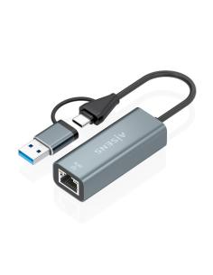 AISENS Conversor USB3.2 Gen1 USB-A+USB-C A Ethernet Gigabit 10/100/1000 Mbps, Gris, 15cm