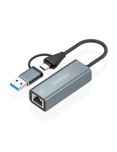 AISENS Conversor USB3.2 Gen1 USB-A+USB-C A Ethernet Gigabit 10/100/1000 Mbps, Gris, 15cm