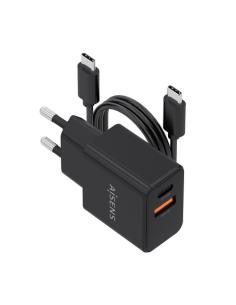 AISENS Cargador GaN 20W con cable USB-C 1m, 1xUSB-C PD3.0, 1xUSB-A QC3.0, negro