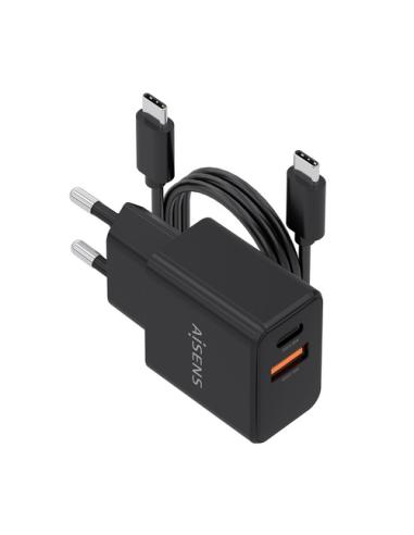 AISENS Cargador GaN 20W con cable USB-C 1m, 1xUSB-C PD3.0, 1xUSB-A QC3.0, negro