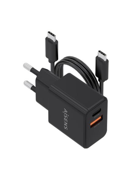 AISENS Cargador GaN 20W con cable USB-C 1m, 1xUSB-C PD3.0, 1xUSB-A QC3.0, negro